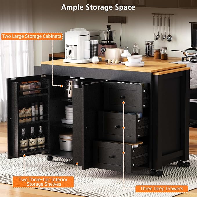 Ball & Cast 74.8" Kitchen Island with Extendable Dining Table,Kitchen Storage Cart W/Power Outlet and 3 Drawers,Rolling Kitchen Island on Wheels W/Spice Rack & 2 Door Cabinet,for Kitchen,Black