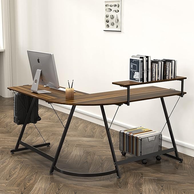 SHW 51 x 51 Inches Vista L-Shaped Desk with Monitor Stand and Drawer, Walnut