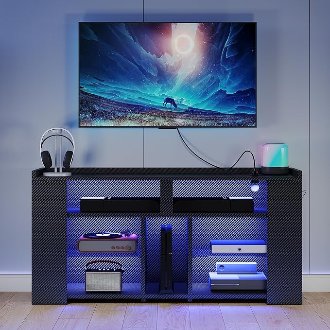 IRONCK Entertainment Center with Storage, 47 Inch Tall TV Stand W/Power Outlet, LED Gaming TV Cabinet for PS4, Black TV Stand with Carbon Fiber