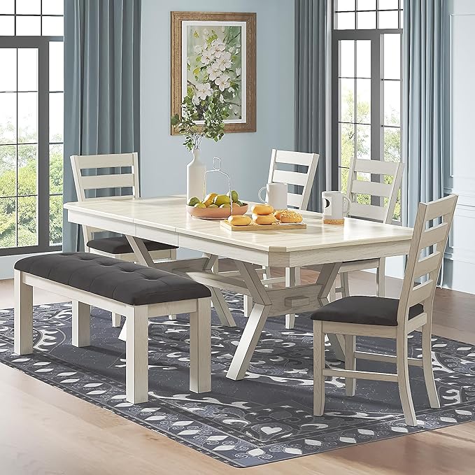 6-Piece Solid Wood Dining Table Set for 6, Modern Breakfast Dinette Kitchen Table with Bench & Chairs for Dining Room, Kitchen, Grey