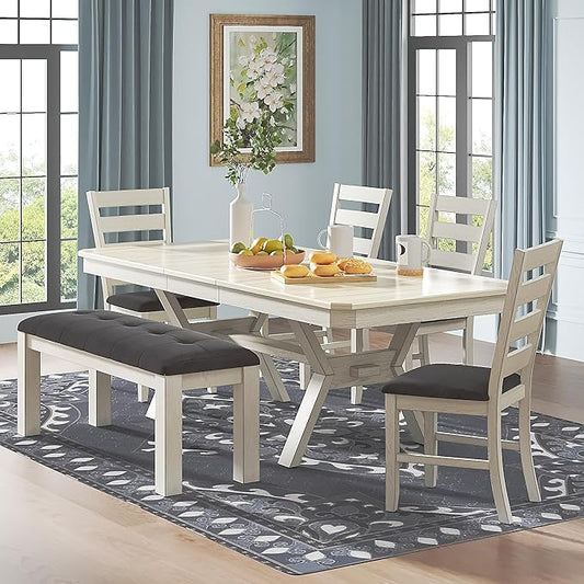 6-Piece Solid Wood Dining Table Set for 6, Modern Breakfast Dinette Kitchen Table with Bench & Chairs for Dining Room, Kitchen, Grey