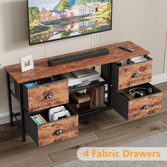 Furologee TV Stand with 4 Drawers, 43 Inch Entertainment Center with Open Shelves, Media Console Table for 50" TV, Television Stand for Bedroom, Living Room/Rustic Brown