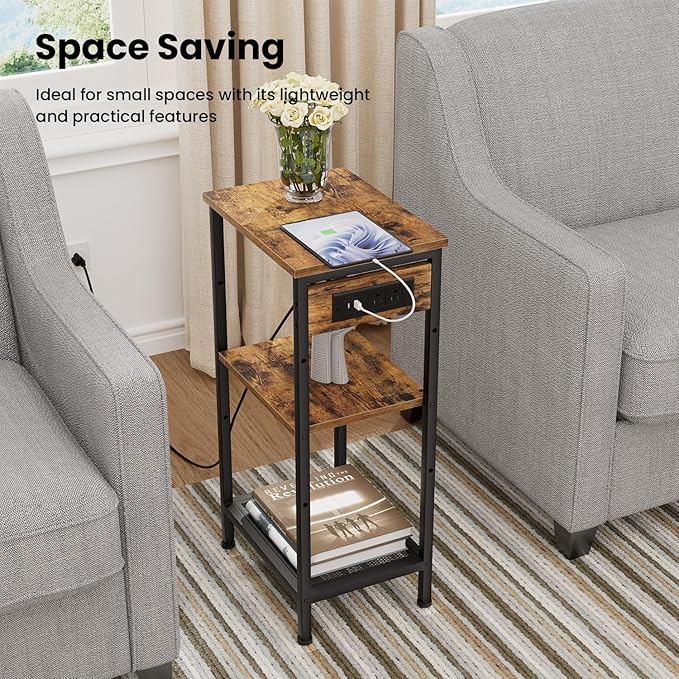 Tall End Table with Fast Charging Station, 3 Tier Narrow Side Table with Outlets and USB Ports & Type-C, Nightstand with Storage, Bedside Table Stand for Bedroom, Living Room, Rustic Brown