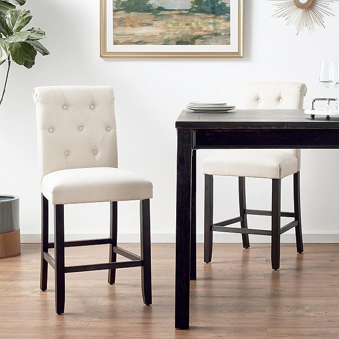Roundhill Furniture Hendley Solid Wood Tufted Counter Height Stools, Set of 2, Tan