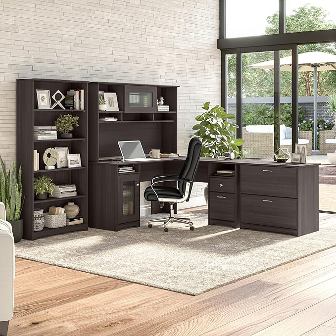Bush Furniture Cabot L Shaped Computer Desk in Heather Gray | Corner Table with Drawers for Home Office