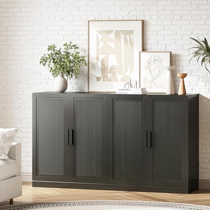 Buffet Cabinet, 2-Doors Sideboard Cabinet with Rattan Panels, Buffet Console Accent Table for Hallway Entryway Dining Room, 31", Black