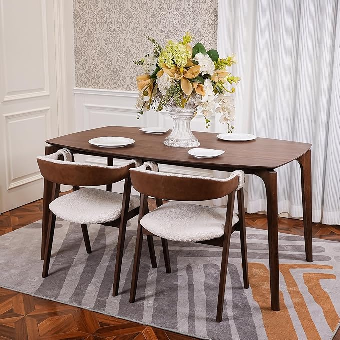 CONSDAN Dining Table for 4-6, Table Only, Walnut Veneer Top, Solid Wood Frame, Round Rectangular Shape, Softly Curved Edges, Elegant Look