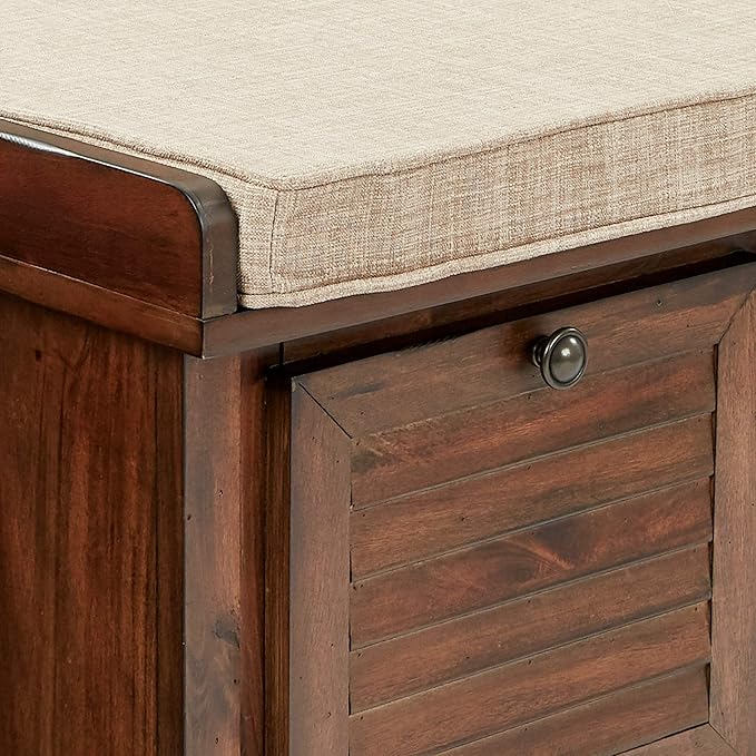 OSP Home Furnishings Dover Coastal Lift-Top Storage Bench with Shutter Face Styling, Distressed Brown Finish with Beige Linen Fabric Cushion