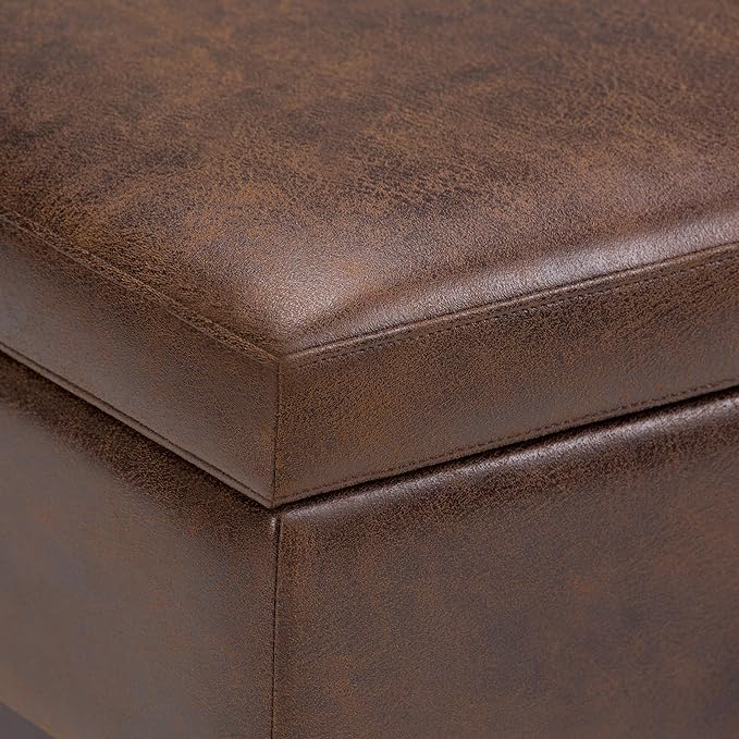 SIMPLIHOME Owen 36 inch Wide Mid Century Modern Square Coffee Table Storage Ottoman in Distressed Chestnut Brown Vegan Faux Leather, Assembled, for the Living Room, Entryway and Family Room