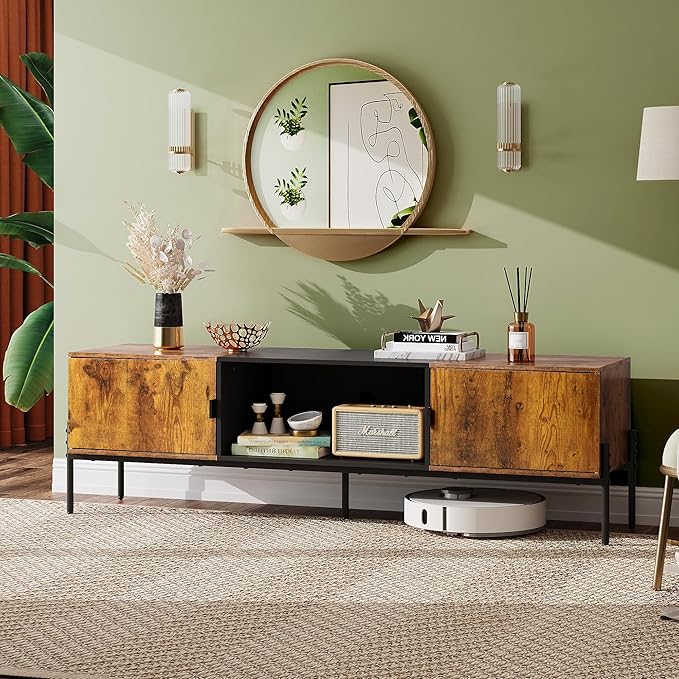 WLIVE Modern TV Stand for 65 Inch TV, Mid Century Entainment Center with Storage, TV Console with Open Shelf and 2 Cabinets for Bedroom and Living Room, TV Cabinet with Metal Legs, Rustic Brown