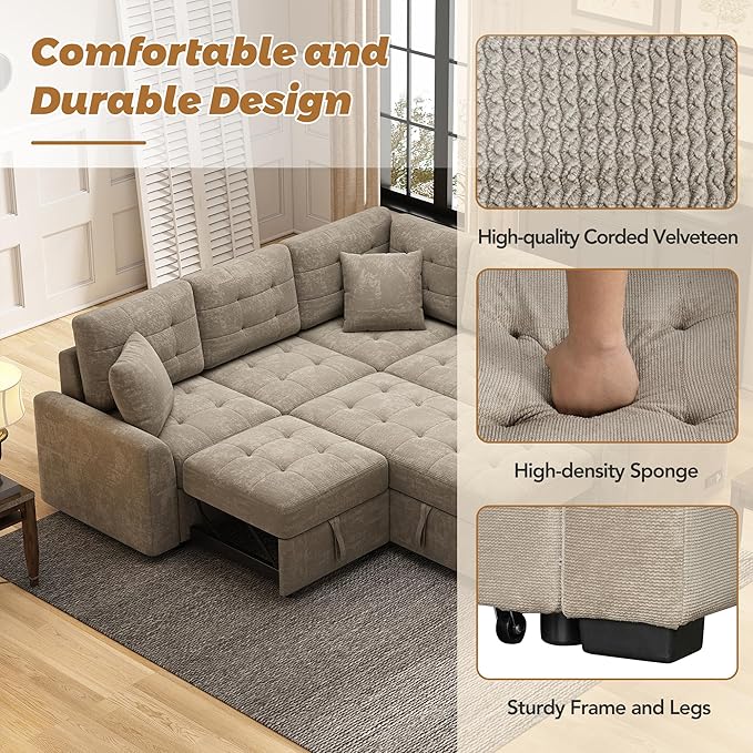 82" Convertible Sleeper Sofa with Pull-Out Bed,L-Shape Chaise Couch W/USB Ports & Power Sockets,Space Saving,Easy Assembly,Modern Corner Reversible Furniture Set for Living Room,Khaki Velvet