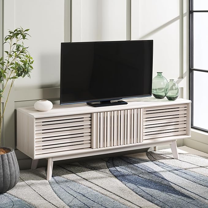 SAFAVIEH ESMA TV Stand for up to 65" Flatscreen – Bleached White, Sliding Doors with Interior Storage, Entertainment Media Console (MED9640C)