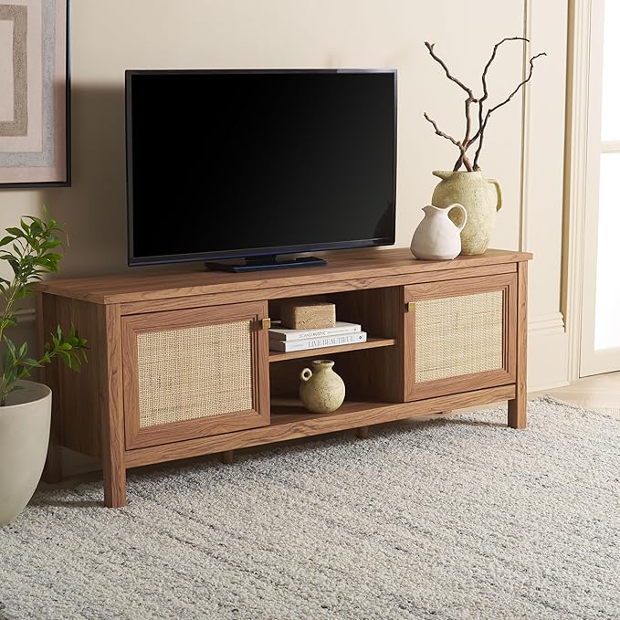 SAFAVIEH Evane TV Stand for up to 65" Flatscreen – Oak Brown & Natural, 2 Doors with Interior Storage, 2 Open Shelves, Entertainment Media Console (MED9629D)