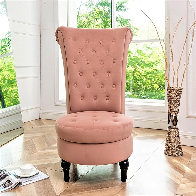 Container Furniture Direct Royal High-Back Velvet Accent Chair for Vanity with Storage and Luxurious Upholstery, Retro Design and Versatile Usage for Living Room, Bedroom, Lounge and Office, Rose