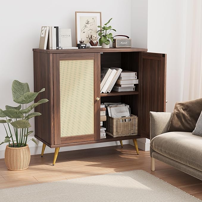 Shintenchi Rattan Buffet Cabinet with Storage, Sideboard Buffet Cabinet with Rattan Decor Doors, Modern Wood Cupboard for Kitchen Living Room Dining Room Hallway Entry,Brown
