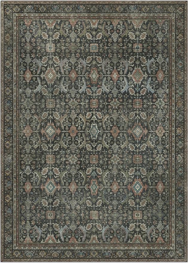 10X14 Area Rugs Machine Washable Rugs for Living Room, Vintage Boho Large Rugs for Bedroom Dining Room, Non Slip Indoor Soft Distressed Lightweight Thin Low Pile Carpet, Black