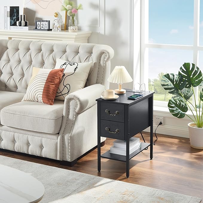VECELO End Tables,Narrow Nightstands with Charging Station & USB Ports &Drawers,Night Stand for Living Room, Bedroom,Black
