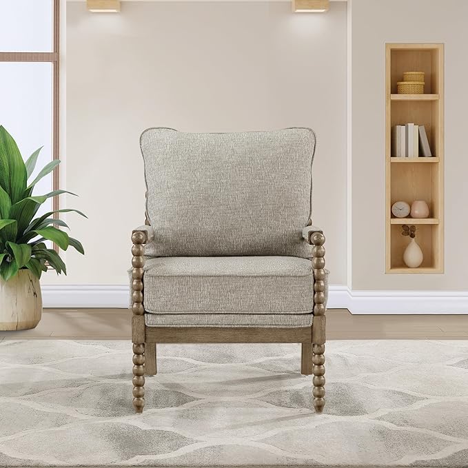 OSP Home Furnishings Fletcher Spindle Accent Chair with Rustic Brown Finish, Fog Beige Upholstery