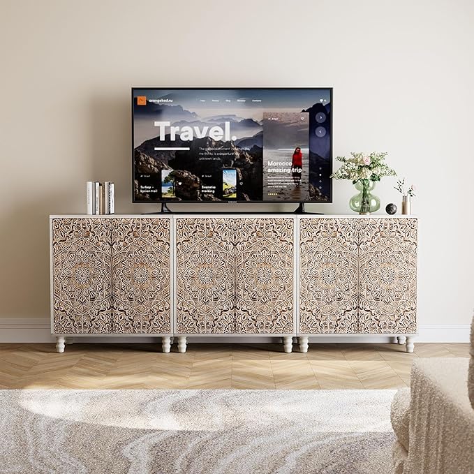 COSIEST Set of 3 32" Buffet Sideboard Cabinets with Vintage Firework Carved Pinewood Doors, Push-to-Open Storage Accent Cabinets, Gray