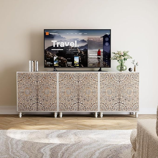 COSIEST Set of 3 32" Buffet Sideboard Cabinets with Vintage Firework Carved Pinewood Doors, Push-to-Open Storage Accent Cabinets, Gray