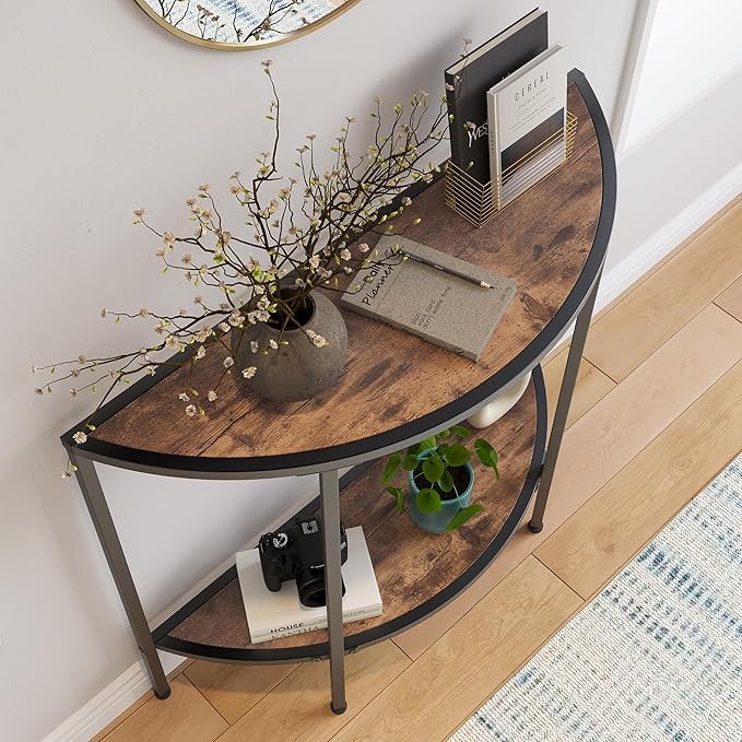 Entryway Table with Storage,Narrow Console Table for Living Room Coffee Table 2-Tier Half Moon Sofa Table,Small Entry Table,Hallway Side Table with Metal Frame,Rustic Brown and Black