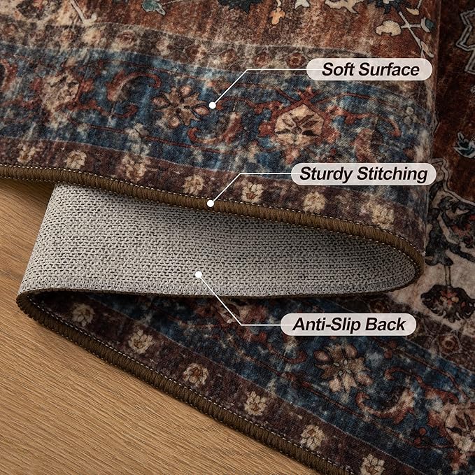 Tangsoo 2x6 Washable Runner Rug for Hallways, Non Slip Vintage Runner Rug, Soft Low Pile Long Rug Runner, Print Distressed Carpet Runners for Kitchen Bedroom Entryway Bathroom Living Room Rust