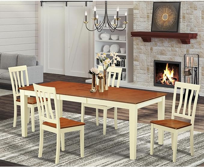 East West Furniture QUAN5-WHI-W 5 Piece Dining Room Furniture Set Includes a Rectangle Wooden Table with Butterfly Leaf and 4 Kitchen Dining Chairs, 40x78 Inch, Buttermilk & Cherry