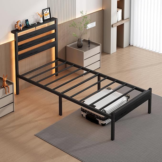 14 Inch Classic Metal Platform Bed Frame-Twin Bed Frame with Headboard,Steel Slats Support-LED Bed Frame with USB Charging Station,Under Bed Storage,No Box Spring Needed,Noise Free