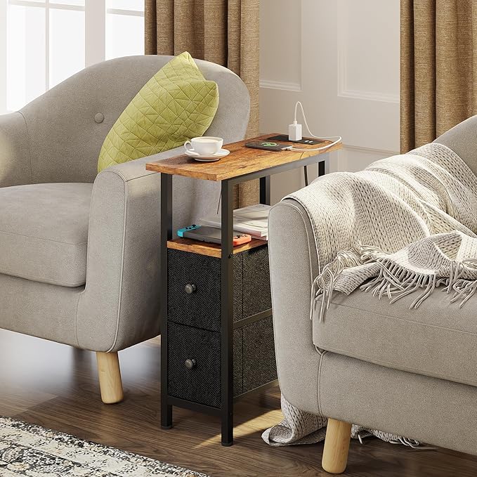 End Table Set 2 with Charging Station, Narrow Side Table with 2 Fabric Drawers, Skinny Nightstand with LED Light, Slim Bedside Table for Bedroom, Living Room, Small Spaces, Brown and Black