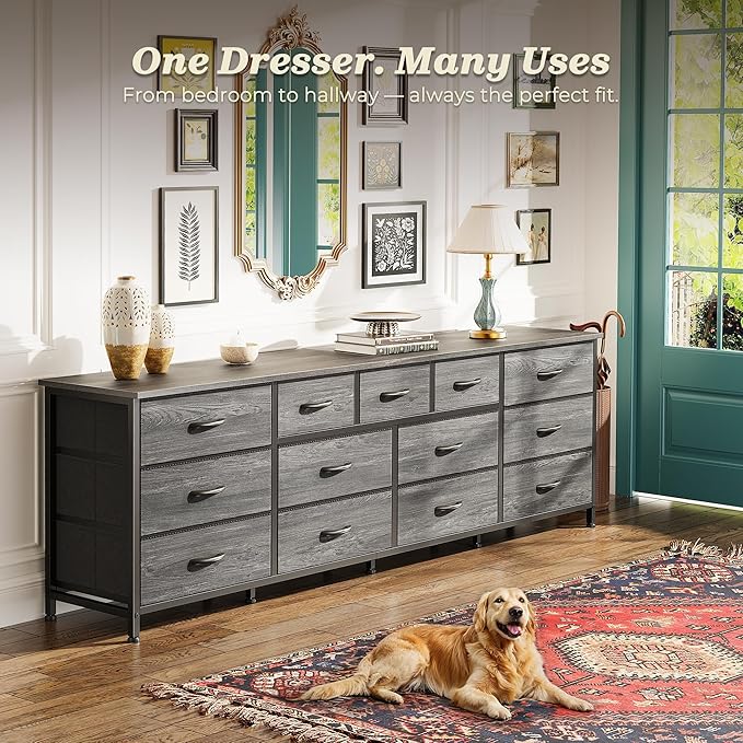 Huuger 70 Inch Dresser for Bedroom, TV Stand for 65, 75, 80 Inch TV, 13 Fabric Drawer Long Dresser, Large Entertainment Center for Bedroom, Wide Chest of Drawer with Storage, Grey
