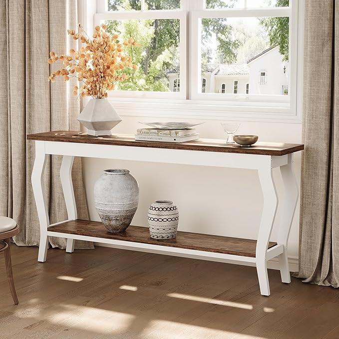 LITTLE TREE 70.9 Inches Long Console Table, 2-Tier Vintage Wooden Sofa Table Behind The Couch with Metal Legs for Hallway, Entryway, Living Room, Brown & White