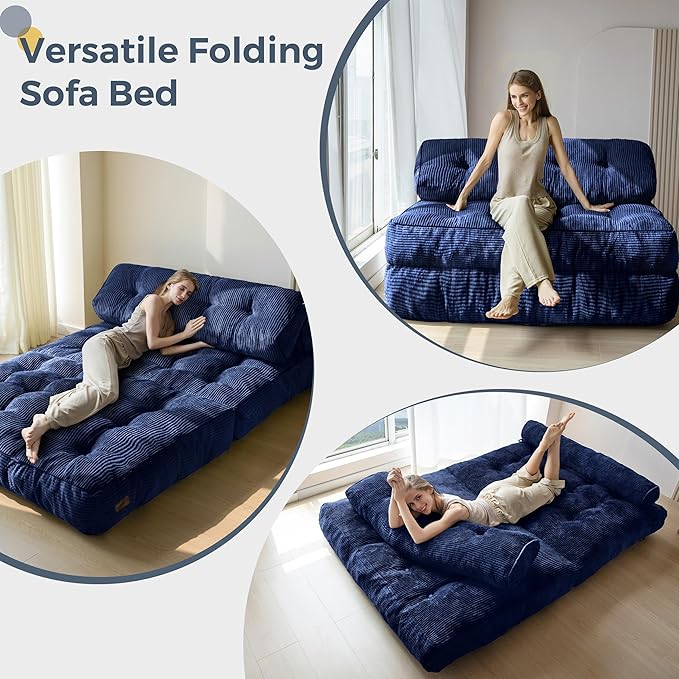 MAXYOYO Folding Sofa Bed, Convertible Sleeper Chair with Pillow Foldable Matress with Back Support, Portable Fold Out Chair Bed Comfy Floor Sofa Lounge for Living Room Bedroom, Navy Double