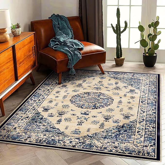 Washable Area Rug 4'x6' Traditional Floor Cover Foldable Thin Rugs Retro Kitchen Indoor Distressed Non Slip Carpet Floral Print Mat Bedroom Living Room
