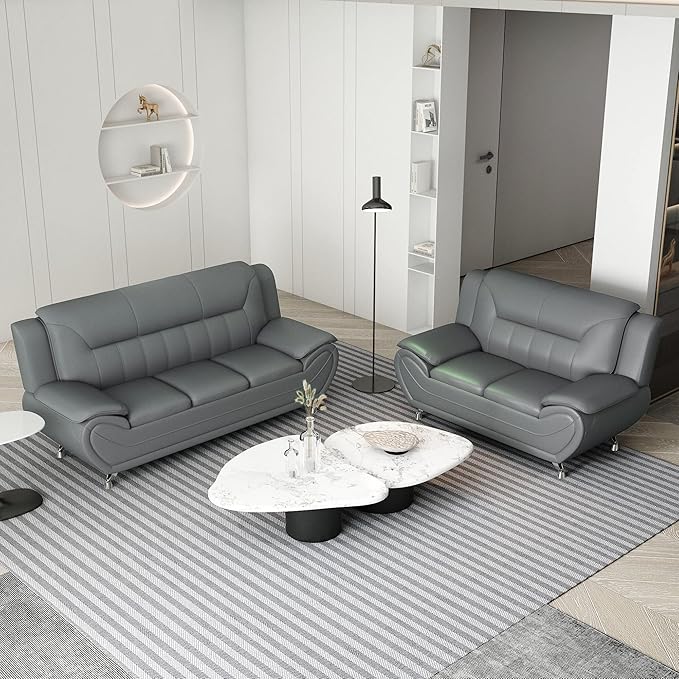 Container Furniture Direct Michael Modern Faux Leather Upholstered Stainless Steel Legs Living Room Sofa, Loveseat, Sleek Gray