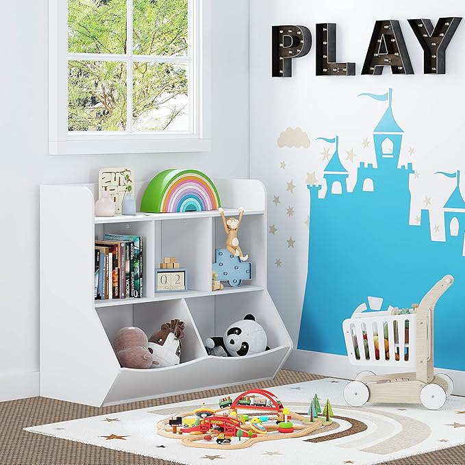 UTEX Toy Storage Organizer with Bookcase, Kid’s Multi Shelf Cubby for Books,Toys, Storage Organizer for Boys,Girls Play Room/Bedroom-White
