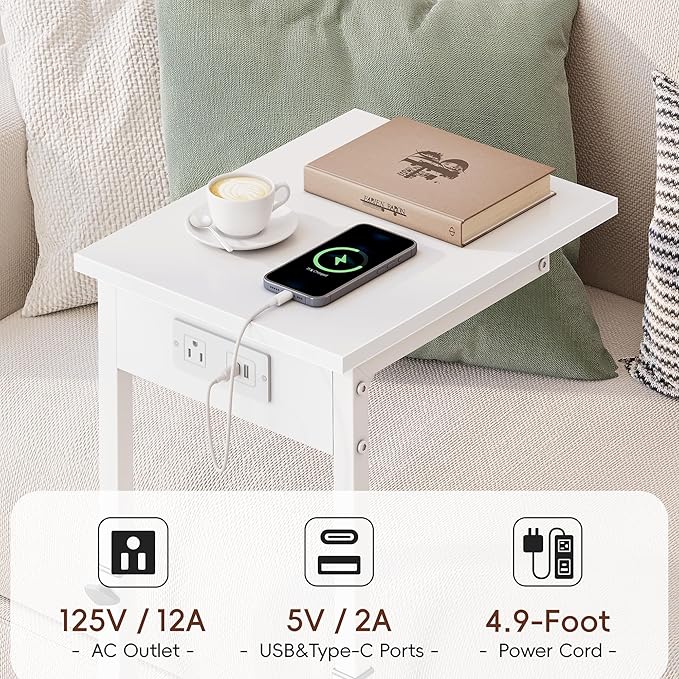 Vagusicc C Shaped End Table with Charging Station, 33" Tall Side Table for Couch, Sofa Table Adjustable Height Couch Side Table Coffee Table, Slide Under Sofa TV Tray C Table for Living Room, White