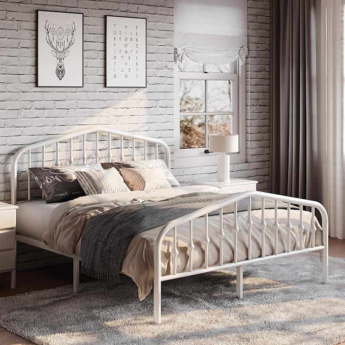 SHA CERLIN Queen Size Metal Platform Bed Frame with Victorian Style Wrought Iron-Art Headboard/Footboard, No Box Spring Required, White