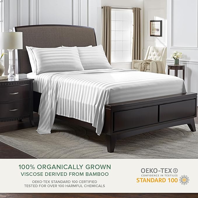 Queen Sheets by Pure Bamboo, Genuine 100% Organic Viscose Derived from Bamboo Bed Sheet Set, Luxuriously Soft & Cooling, Double Stitching, Lifetime Quality Promise (Queen, Jacquard White)