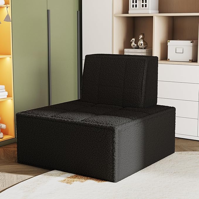 Modular Sherpa Sofa Chair, Cozy Floor Lounge Seating, No Armrests, Small Sofa for Small Spaces, Reading Nook, or Apartment Living, Single, Black