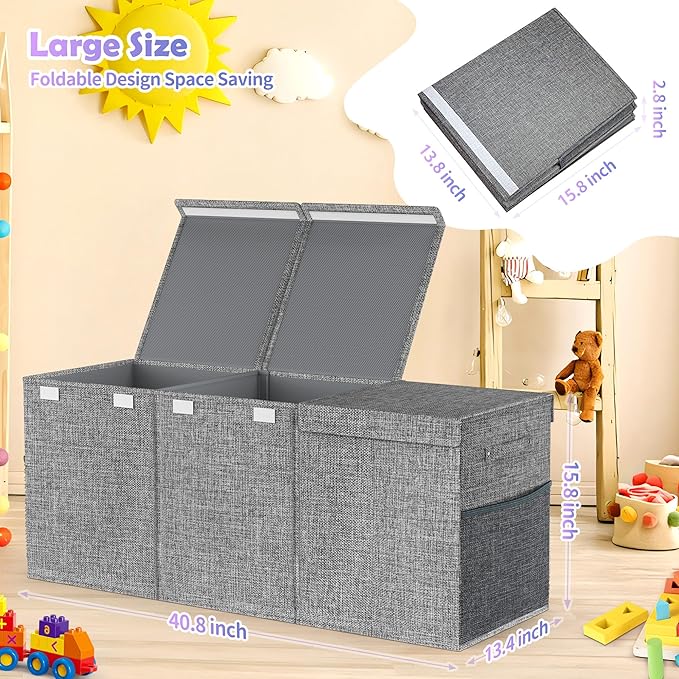 Extra Large Toy Box Chest with Lids, Collapsible Sturdy Kids Toy Storage Organizer Boxes for Boys Girls, 40"x14"x16", Toybox Storage Bins Basket for Living Room, Bedroom, Nursery, Gray