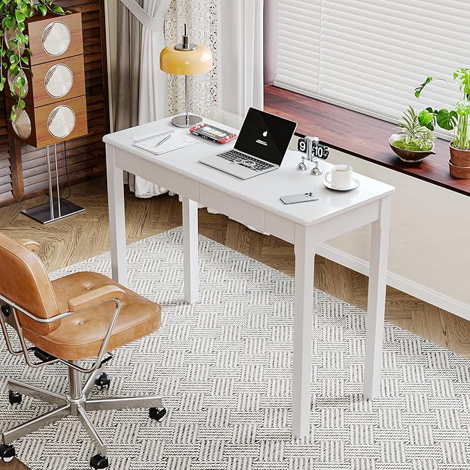 Solid Wood Desk with Drawers - 39 x 16 Inch Narrow Desks, Mid Century Modern Desks, Rubber Wood Study Table, Small Writing Desk for Small Spaces|Bedroom - White