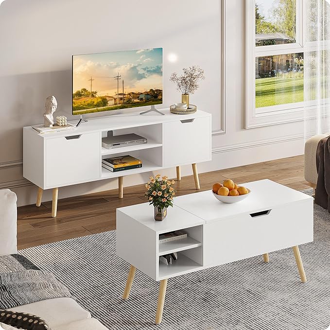 ALINE FURNITURE White TV Stand for 50 55 60 inch TVs - Media Console with 2 Cabinets & Open Shelves, Solid Wood Legs - TV Consoles for Living Room - 22" H Entertainment Center for Bedroom