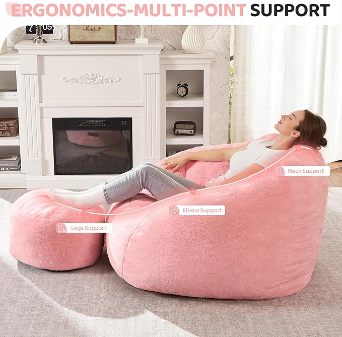 HABUTWAY Bean Bag Chair, Giant Bean Bag Chairs for Adults with Ottoman, Comfy Faux Fur Shell-Shaped Bean Bag Couch, Sofa Chair for Living Room, Bedroom, Pink