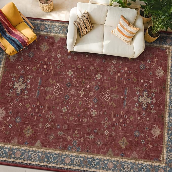Oriental 7x10 Large Area Rugs for Bedroom Under Bed - Burgundy Rug for Living Room, Dining Room Under Kitchen Table, Washable Soft Non Slip Boho Indoor Décor