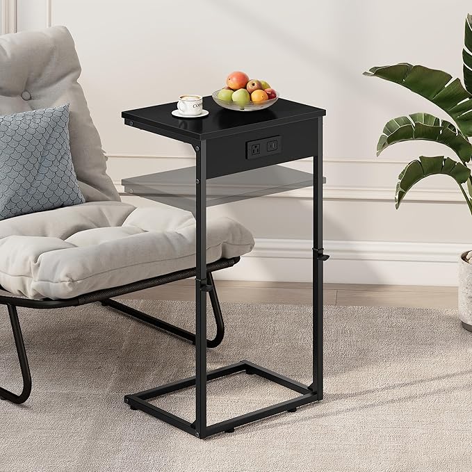 Vagusicc C Shaped End Table with Charging Station, Adjustable Height Side Table for Couch,Small Side Table Small Spaces, 33.2'' Tall Couch Tables that Slide Under, Tv Tray Table for Living Room, Black