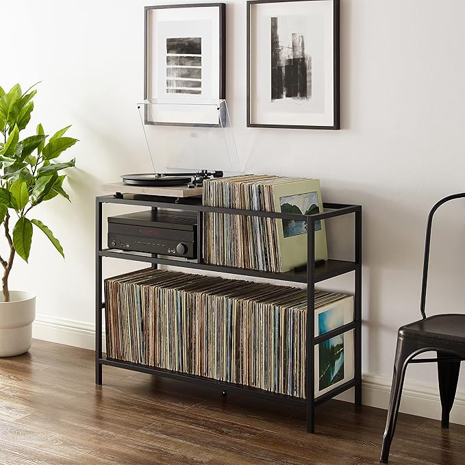 Crosley Furniture Provo Console Record Player Stand with Storage for Vinyl Records, Matte Black/Brown