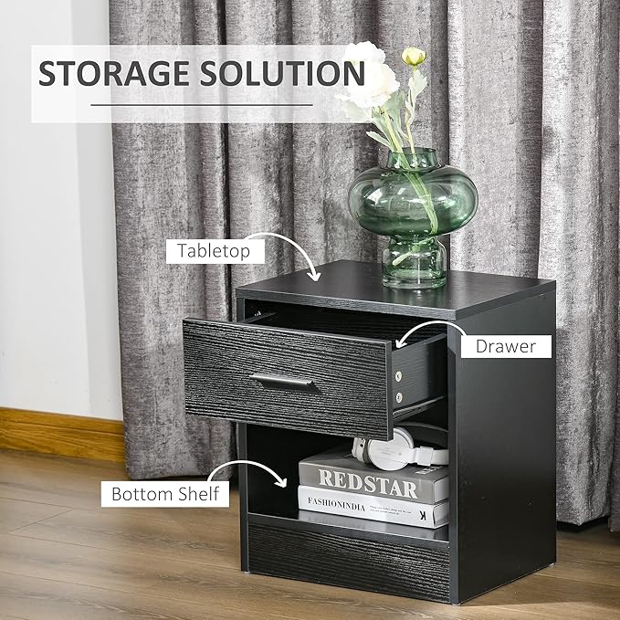 HOMCOM Modern Accent End Table with Drawer and Storage Shelf, Sofa Side Table for Living Room, Black Wood Grain