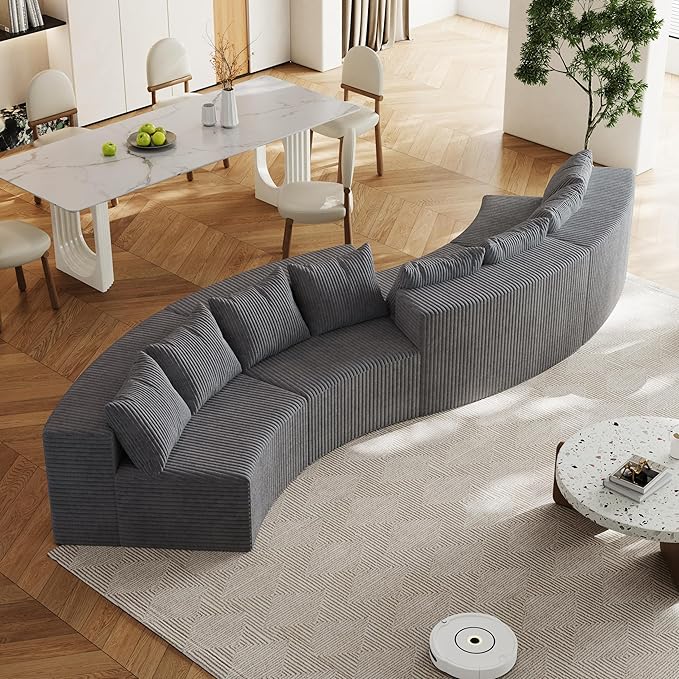 KEIKI Corduroy Curved Sectional Sofa, 4 Seater Symmetrical Modular Semi Circular Couch, Deep Seat Tufted Corner Sofa for Living Room, Lobby, Gray