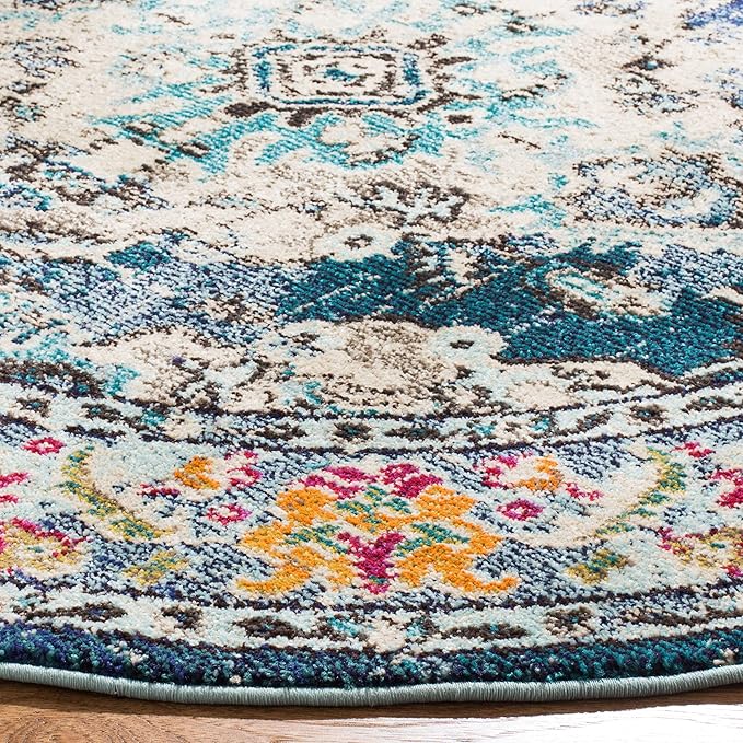 SAFAVIEH Monaco Collection Area Rug - 12' Round, Navy & Light Blue, Boho Chic Medallion Distressed Design, Non-Shedding & Easy Care, Ideal for High Traffic Areas in Living Room, Bedroom (MNC243N)