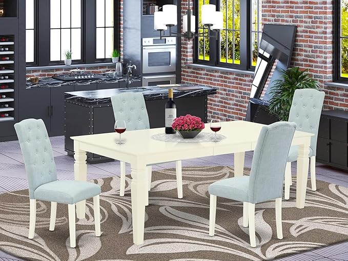 East West Furniture LGCE5-LWH-15 5 Piece Kitchen Table Set for 4 Includes a Rectangle Butterfly Leaf Dining Table and 4 Baby Blue Linen Fabric Upholstered Chairs, 42x84 Inch, Linen White